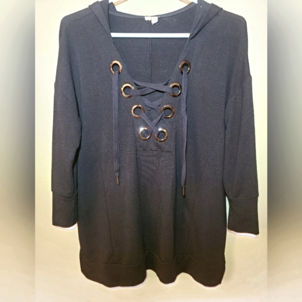 Ladies black hooded long sleeved sweater with lace up front
